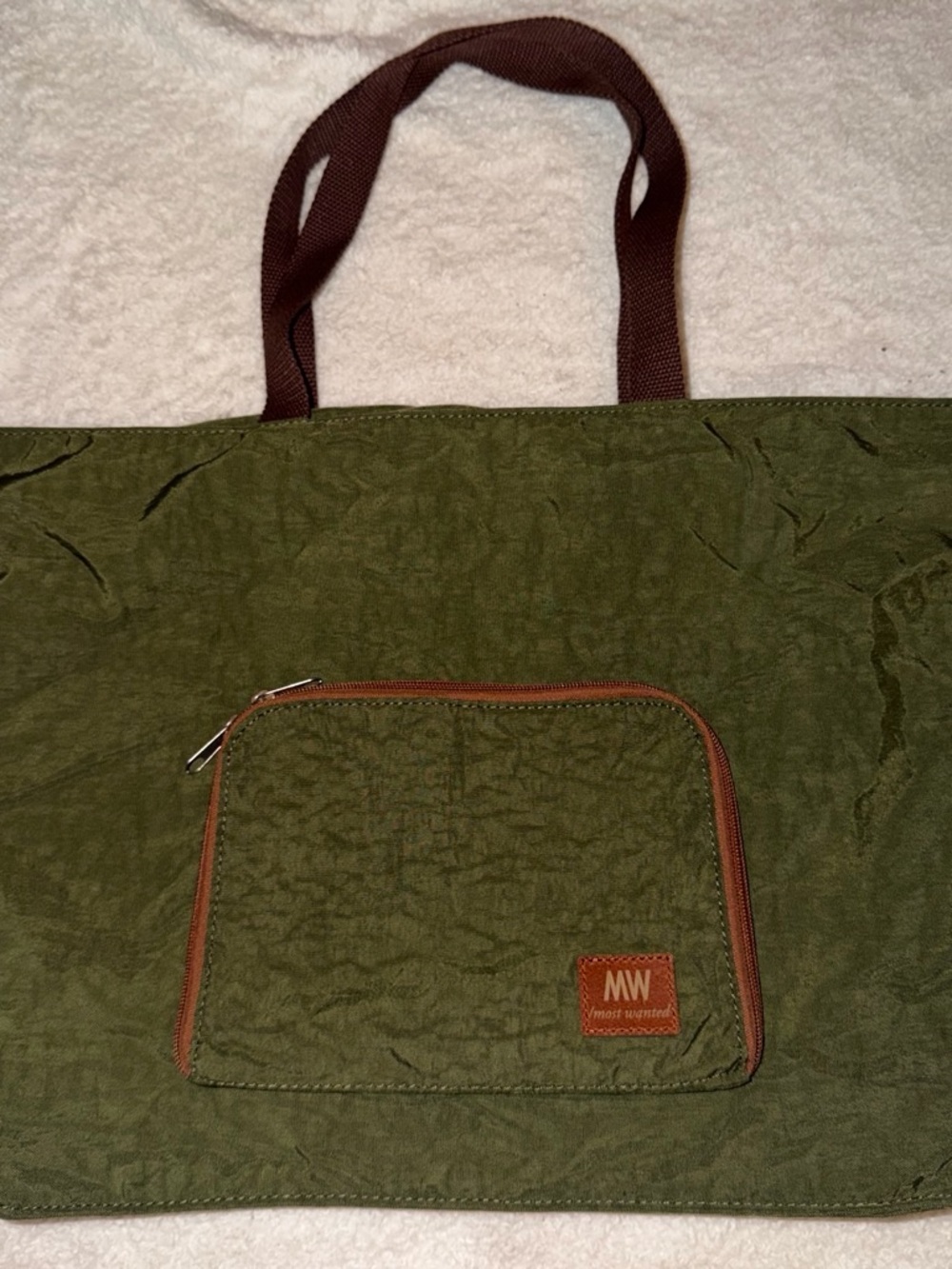 MW Olive Travel Tote Bag with Brown Handles